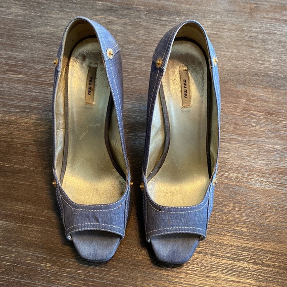 Miu Miu by Prada Denim Peeptoe Wedge Shoes - Picture 5 of 6